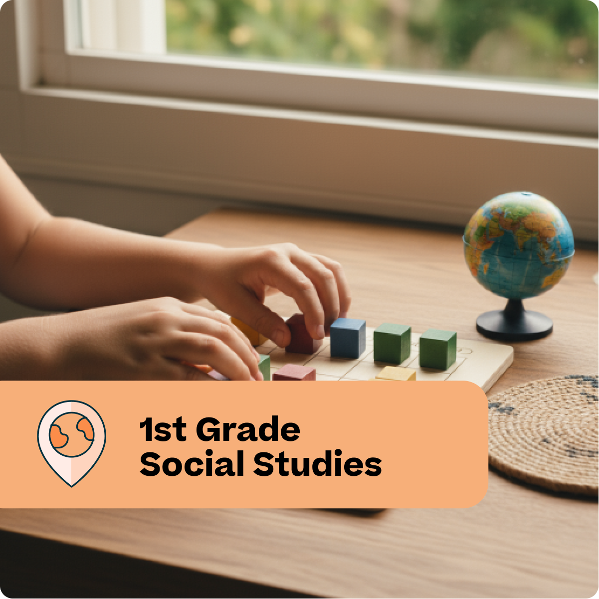 Child playing with blocks on a table with a globe in the background, labeled '1st Grade Social Studies'.