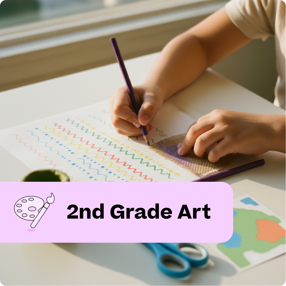Child drawing with colored pencils on a piece of paper, with a window in the background.