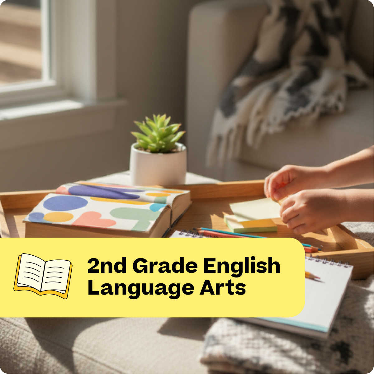 Person working on English language arts homework with books and a plant on a table.
