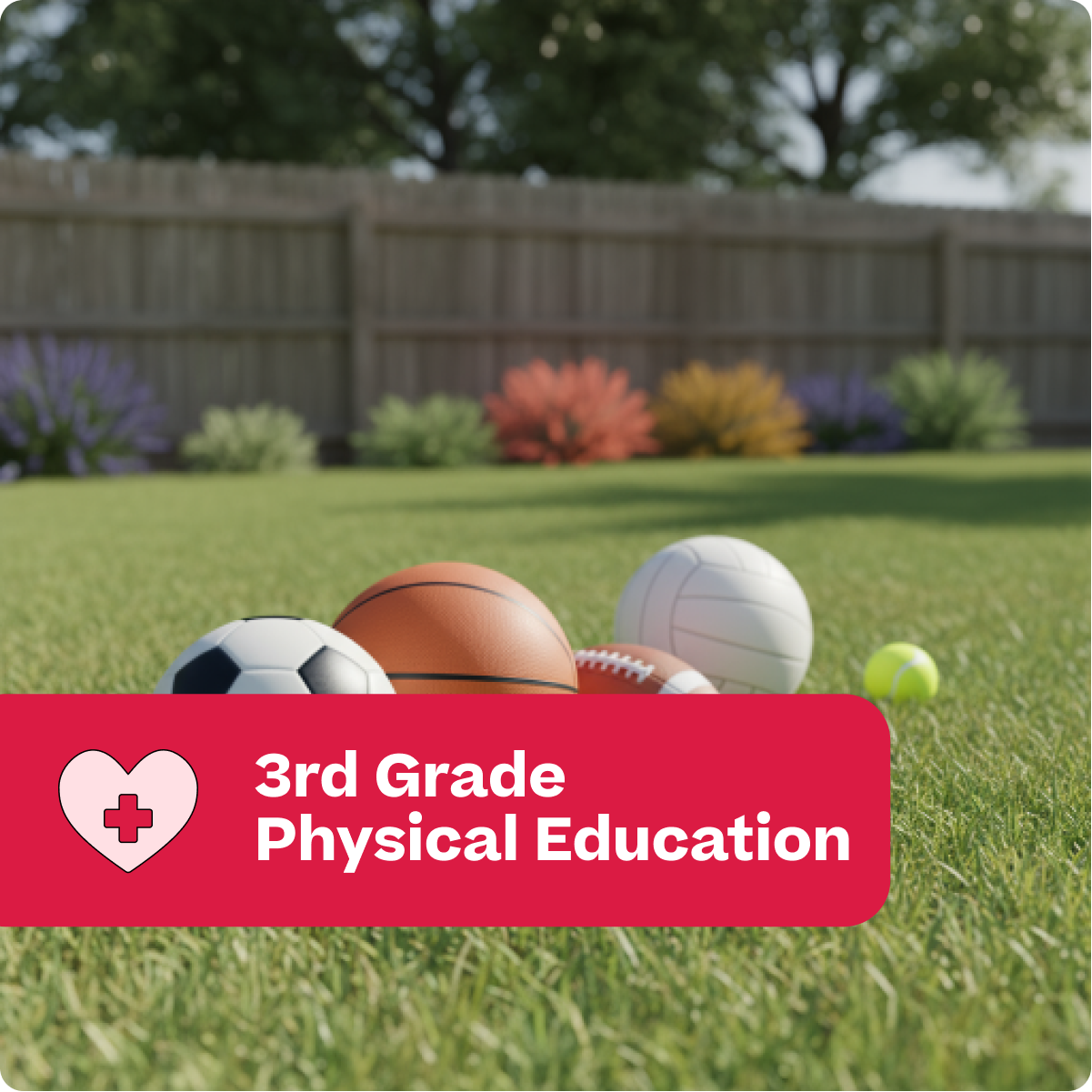Sports balls on grass with '3rd Grade Physical Education' text overlay