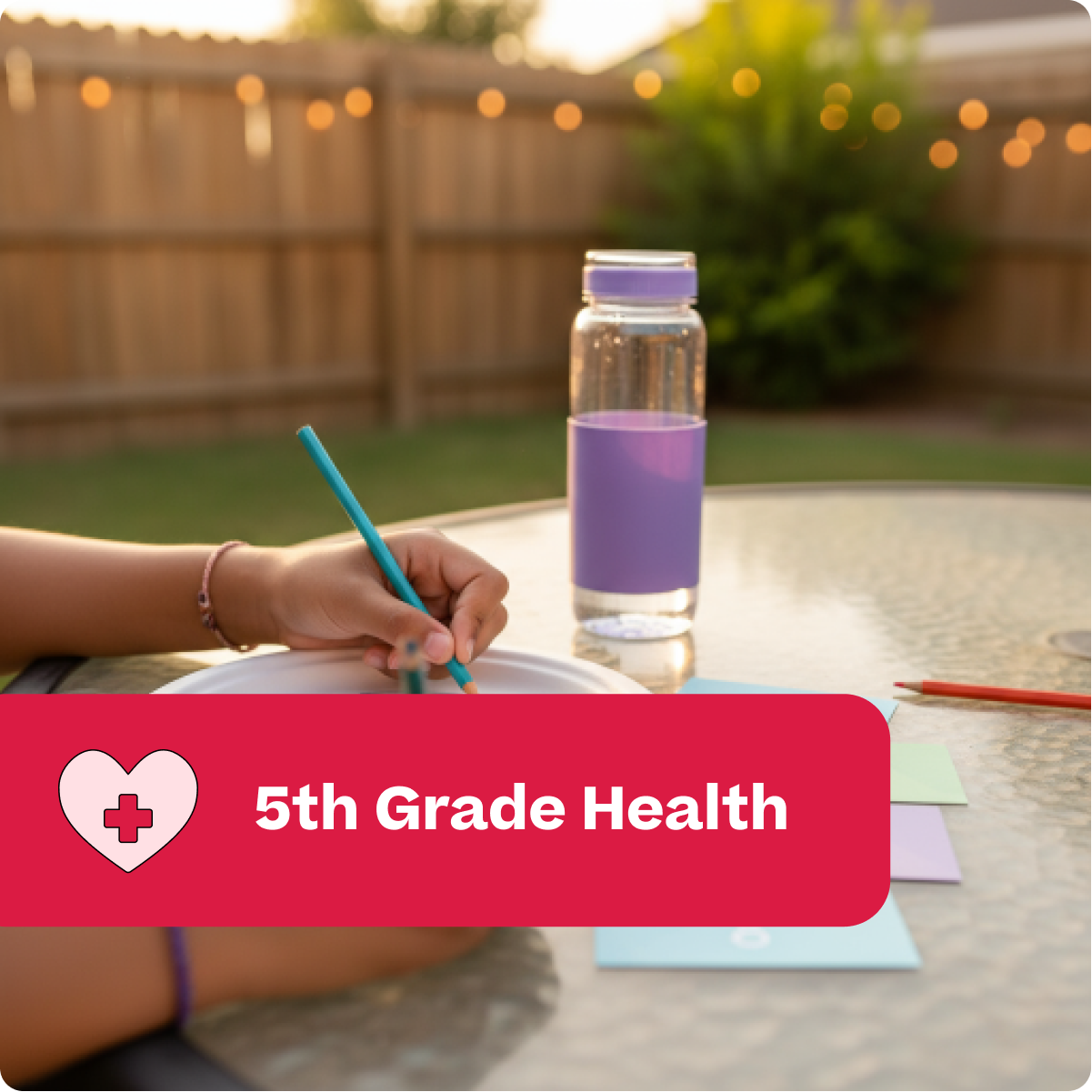 Person writing with a pen on paper outdoors, with a water bottle and colorful pencils.