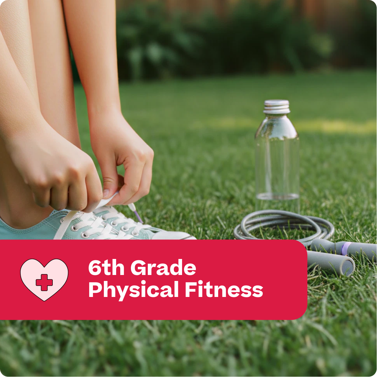 Person tying shoelaces on grass with a bottle and jump rope, labeled '6th Grade Physical Fitness'.