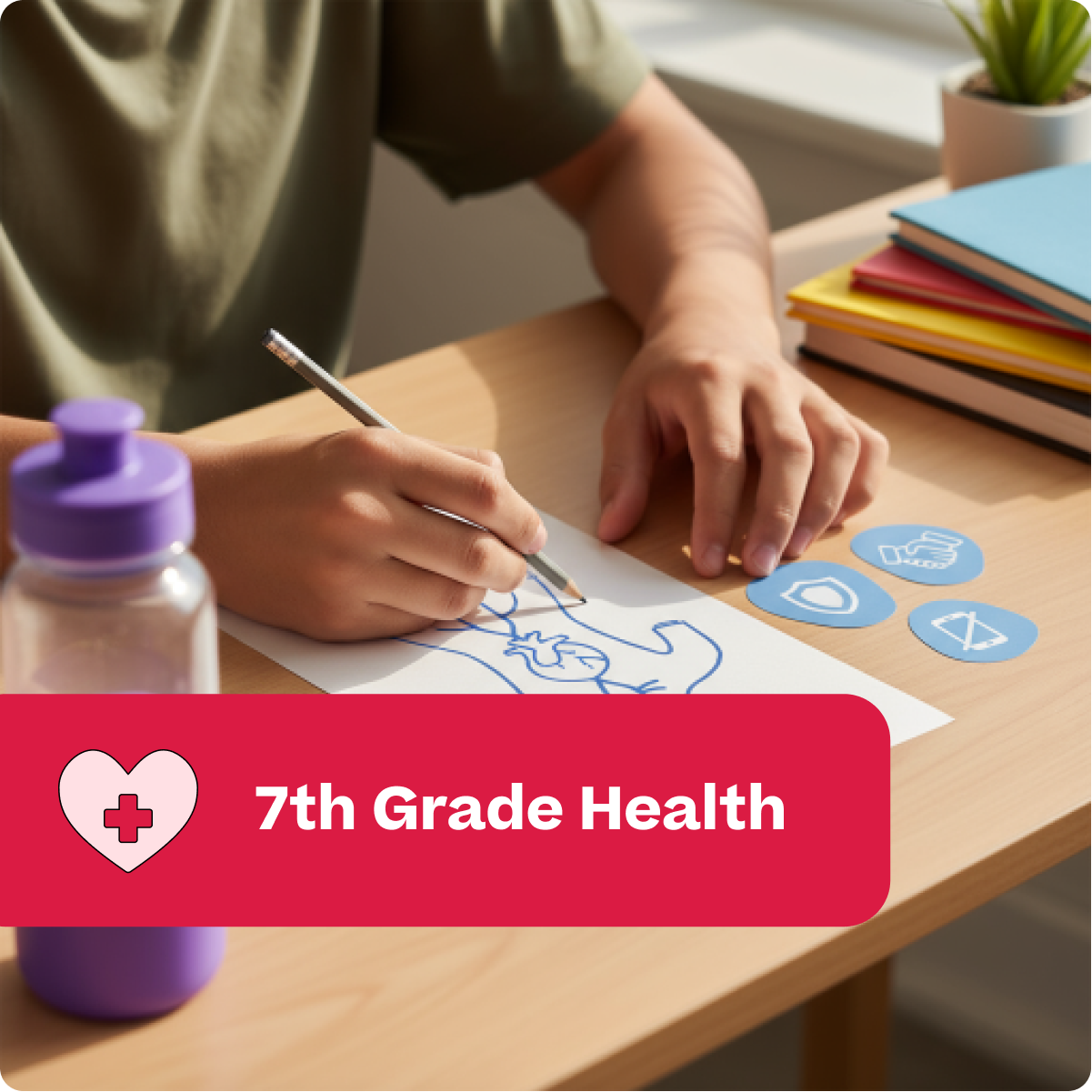 Person drawing a health-related illustration on paper with educational materials in the background, labeled '7th Grade Health'.