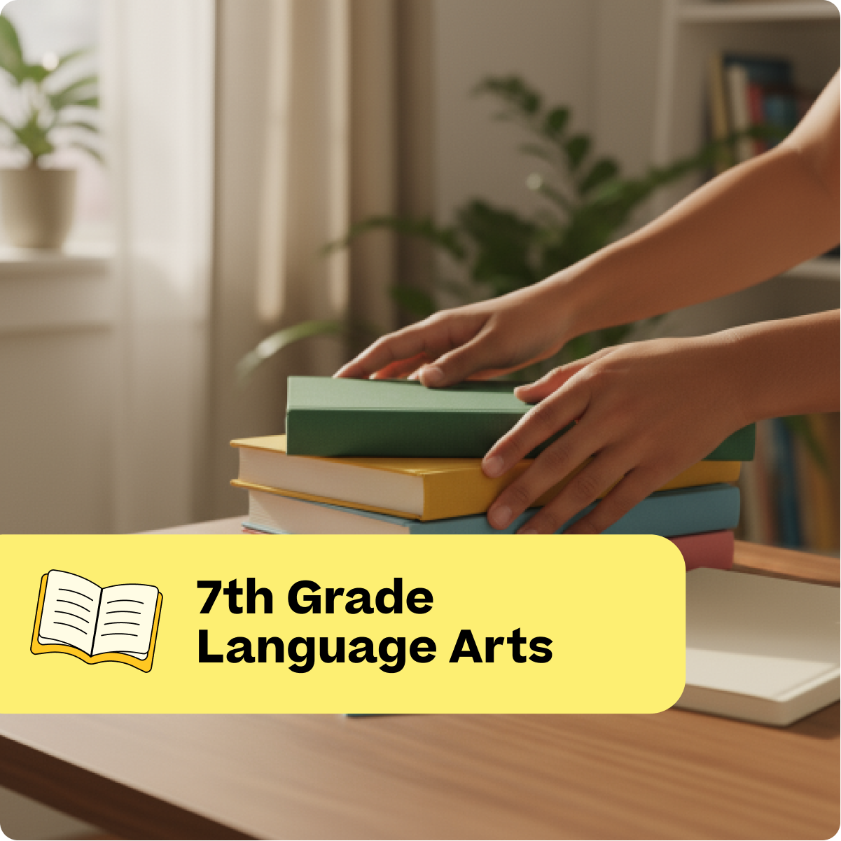 Hands arranging books on a table with '7th Grade Language Arts' text overlay.