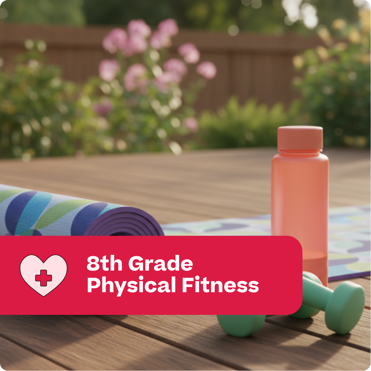 Yoga mat, water bottle, and dumbbells on a wooden deck with '8th Grade Physical Fitness' text overlay.