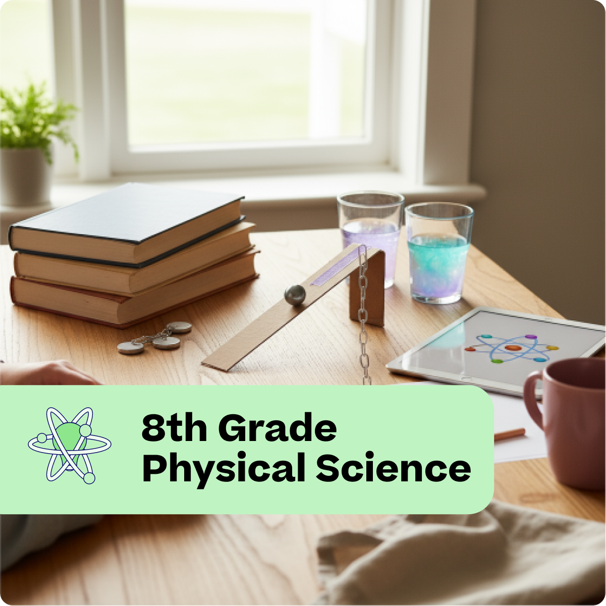 Educational setup with books, a tablet, and a cup on a table with '8th Grade Physical Science' text overlay.