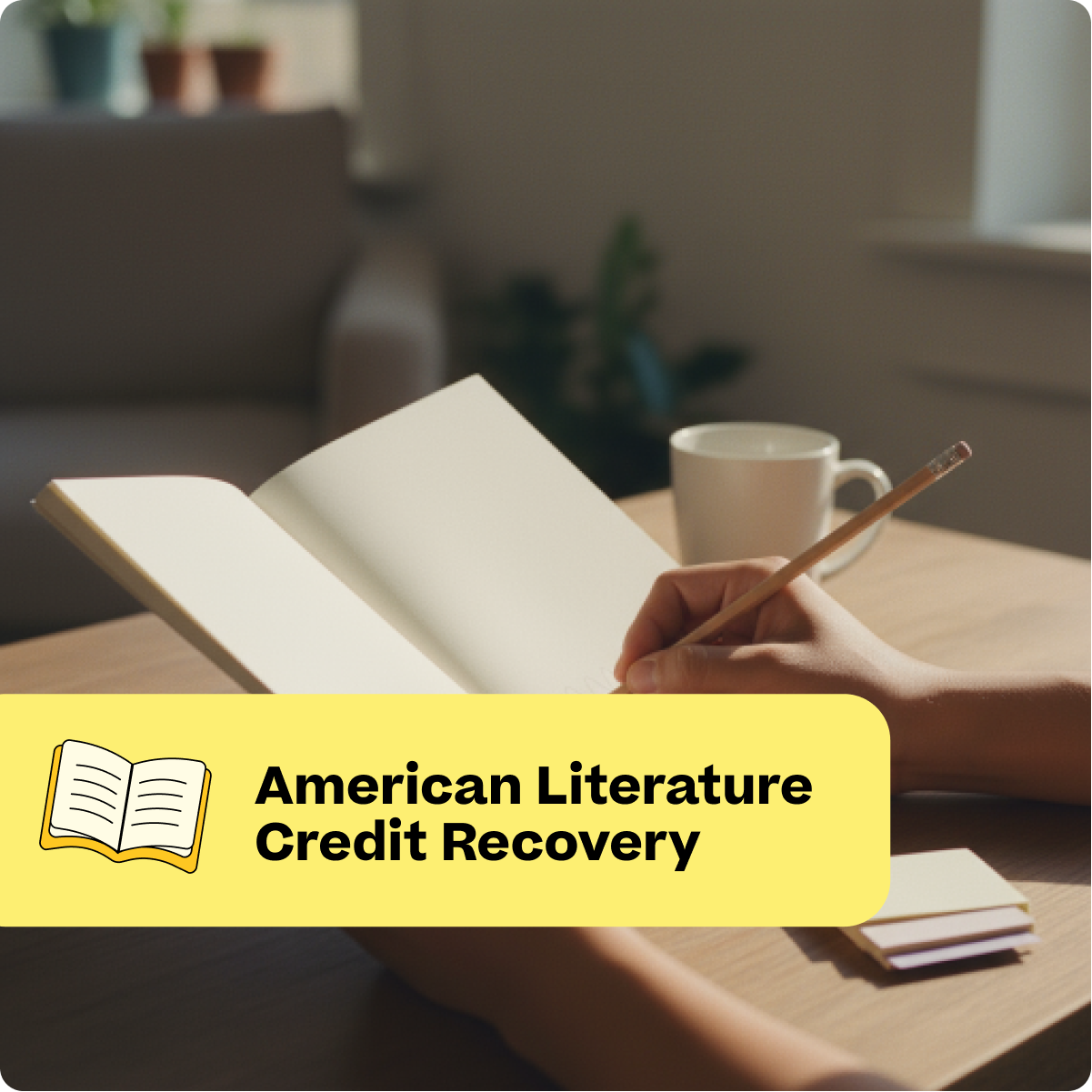Person reading a book with a cup of coffee and a pen on a table, with 'American Literature Credit Recovery' text overlay.