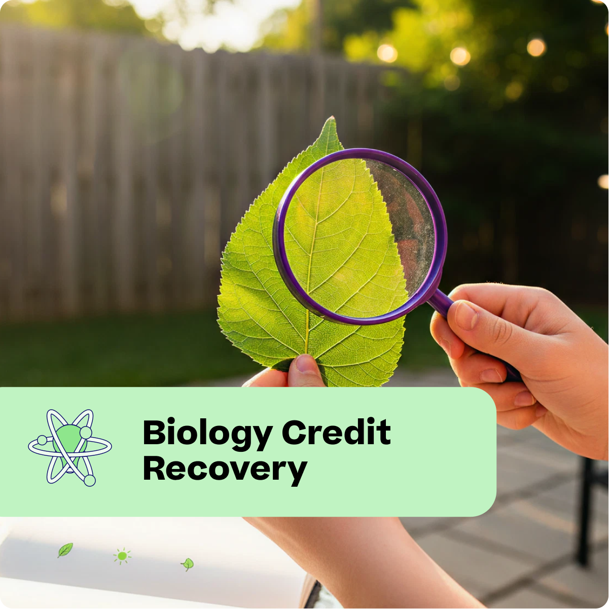 Person holding a magnifying glass over a leaf with a green banner at the bottom displaying 'Biology Credit Recovery'.