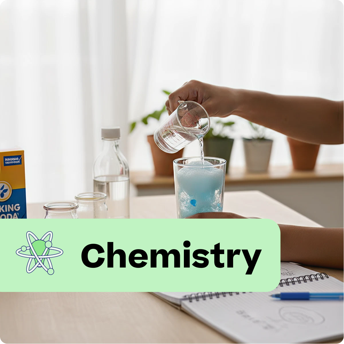 Person conducting a chemistry experiment with lab equipment on a table.
