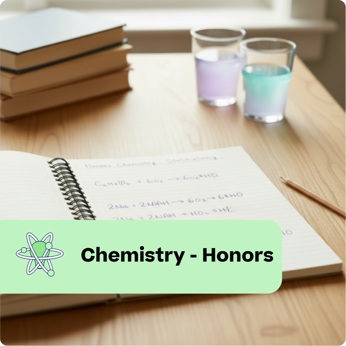 Open notebook with chemistry notes on a wooden table with two small containers of colored liquids.