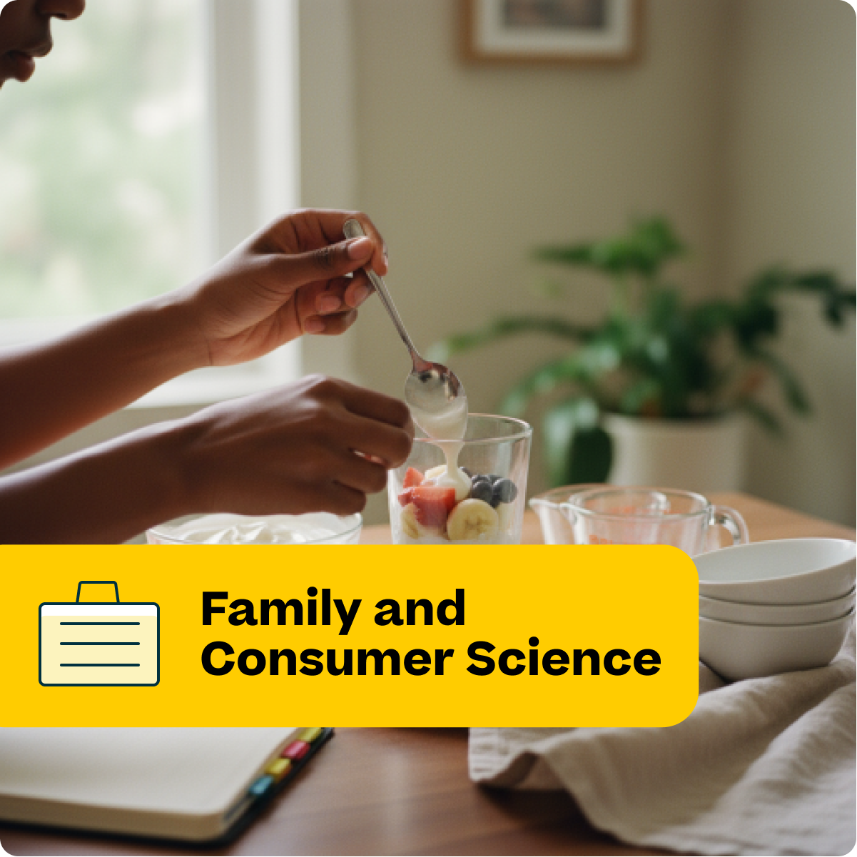 Person eating a bowl of fruit with a spoon, with a yellow banner at the bottom labeled 'Family and Consumer Science'.