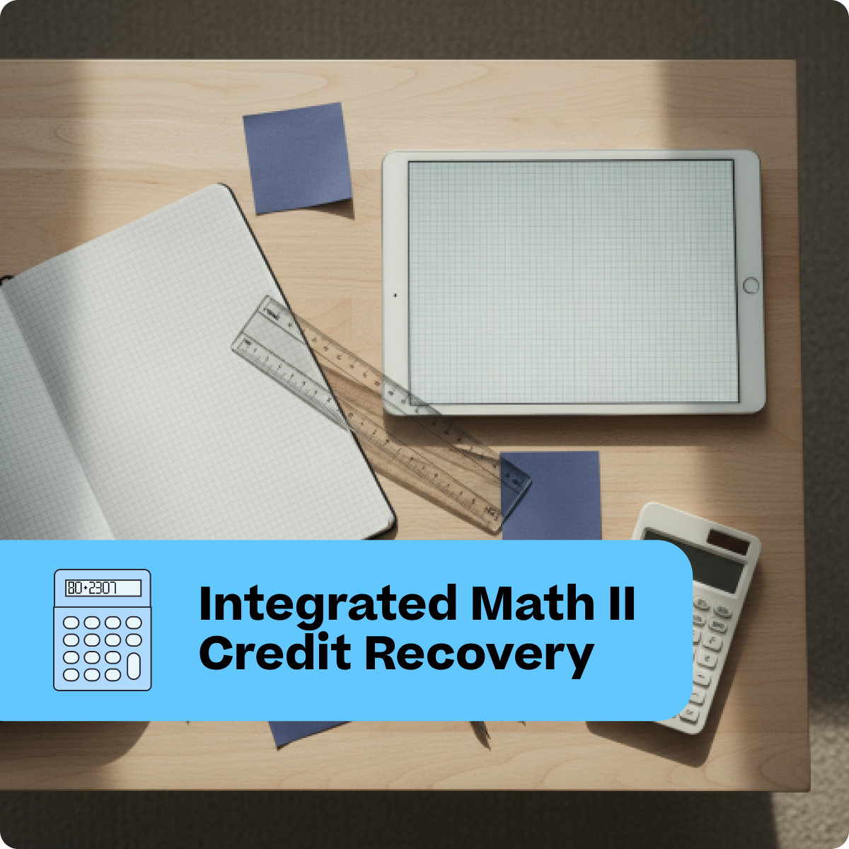 Educational materials including a tablet, notebook, and calculator on a wooden surface with 'Integrated Math II Credit Recovery' text overlay.
