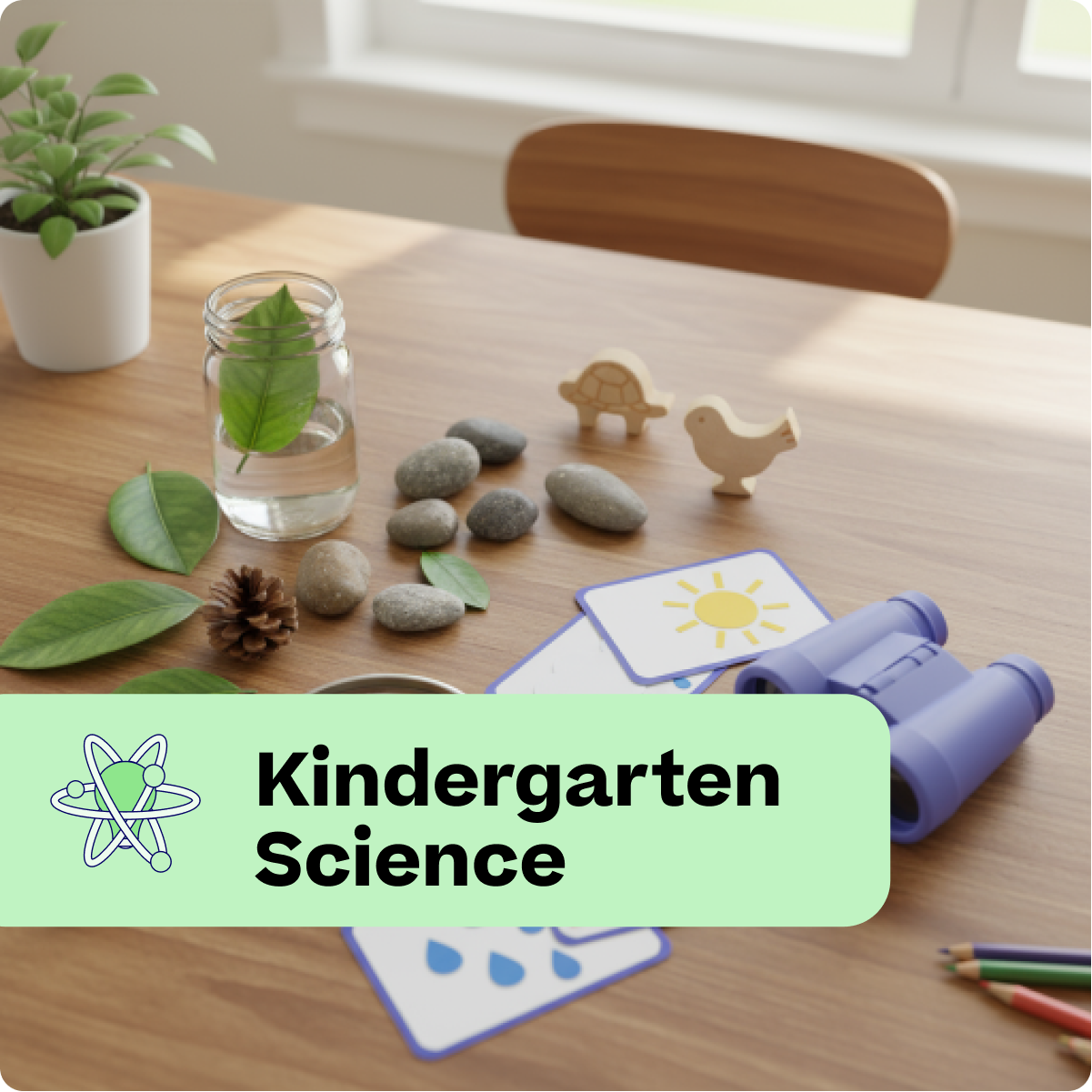 Educational items on a table with 'Kindergarten Science' text overlay