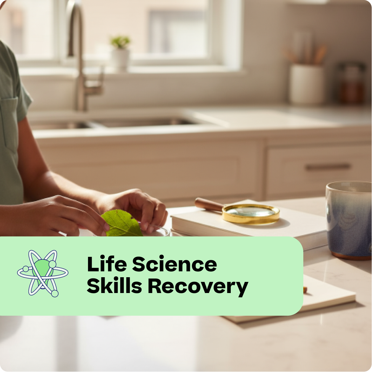 Person examining leaves in a kitchen with 'Life Science Skills Recovery' text overlay.