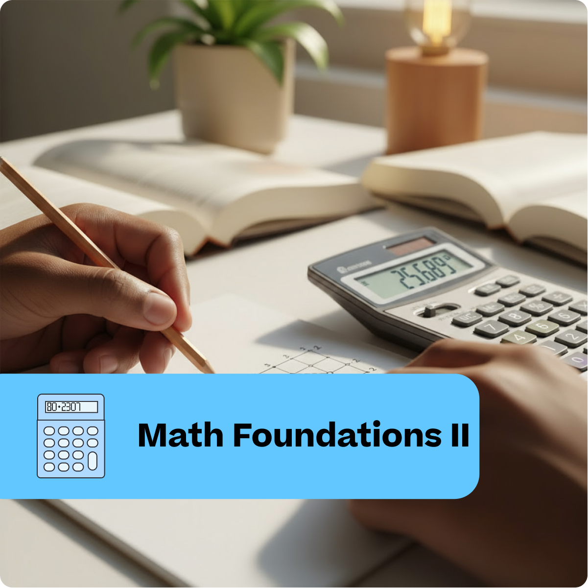 Person using a calculator and pencil on a desk with books and a plant, labeled 'Math Foundations II'.