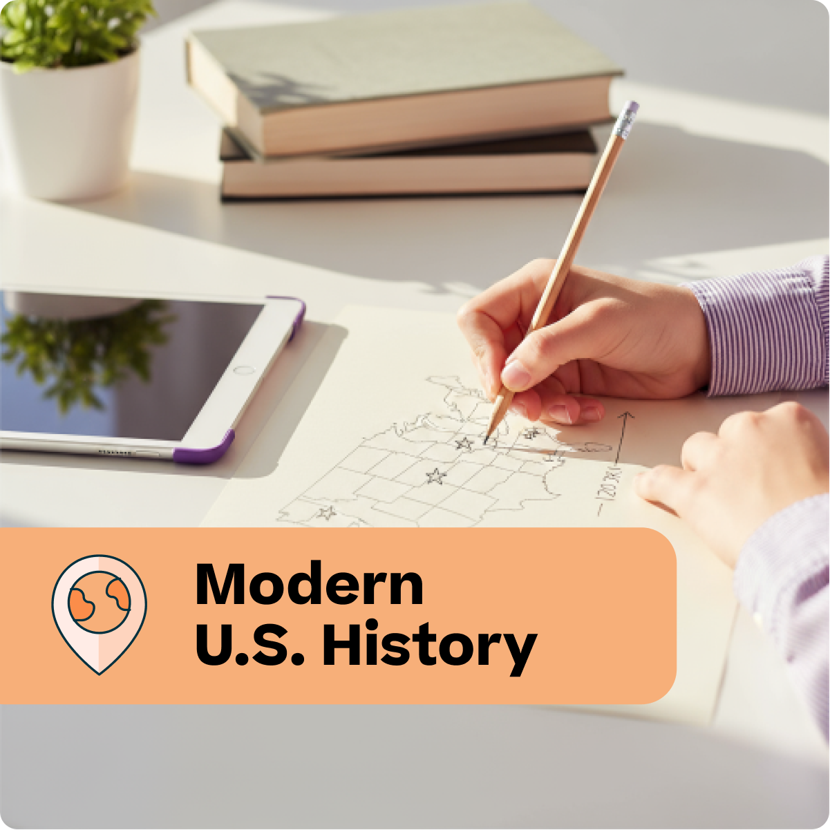 Person studying modern U.S. history with books and a tablet on a desk.
