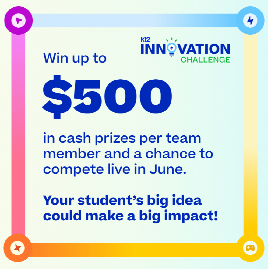 Promotional graphic for K12 Innovation Challenge with cash prize offer and event information.