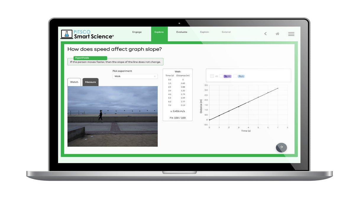 Laptop displaying a science education software interface with a graph and question on screen