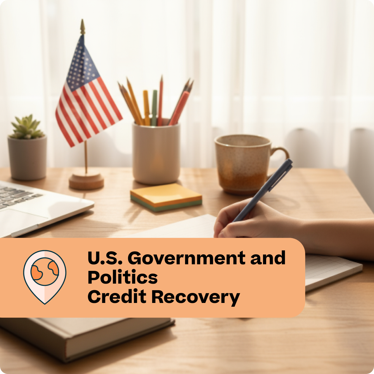 Desk setup with laptop, American flag, and books with text overlay 'U.S. Government and Politics Credit Recovery'.