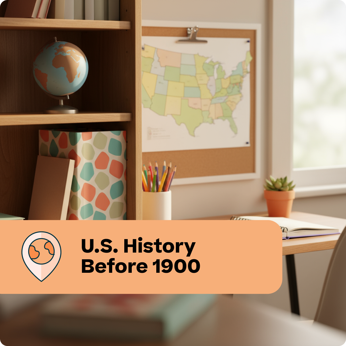 Educational setting with a map of the United States, globe, and books on a shelf.