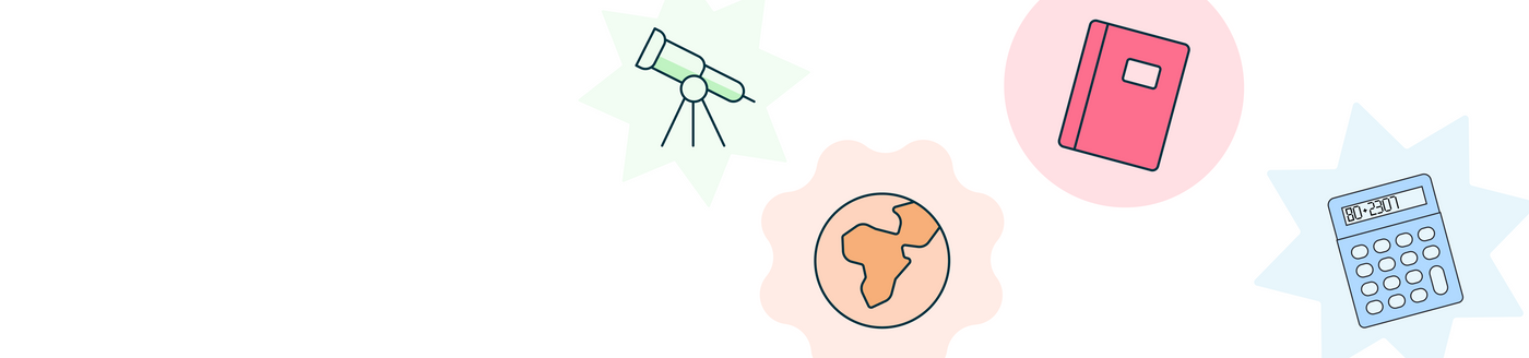 Set of educational icons including a globe, book, and calculator on a white background