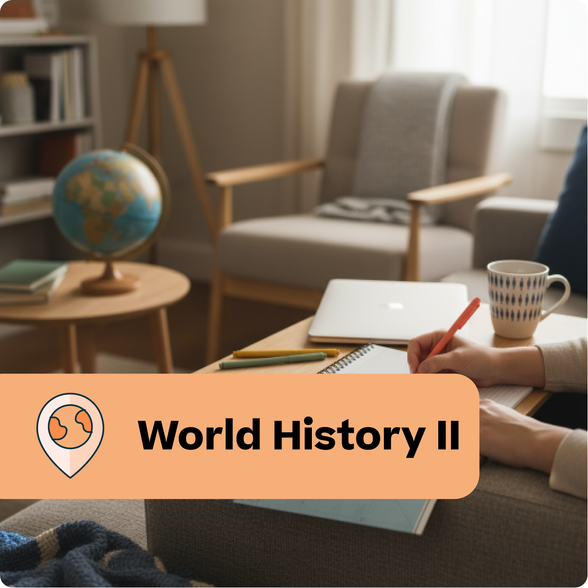 Person studying world history in a cozy living room with a globe and books.