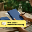 Person holding a blue book with a blurred outdoor setting and '10th Grade Intensive Reading' text overlay.