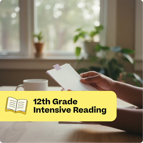 Person reading a book with a cup of coffee on a table near a window with plants.