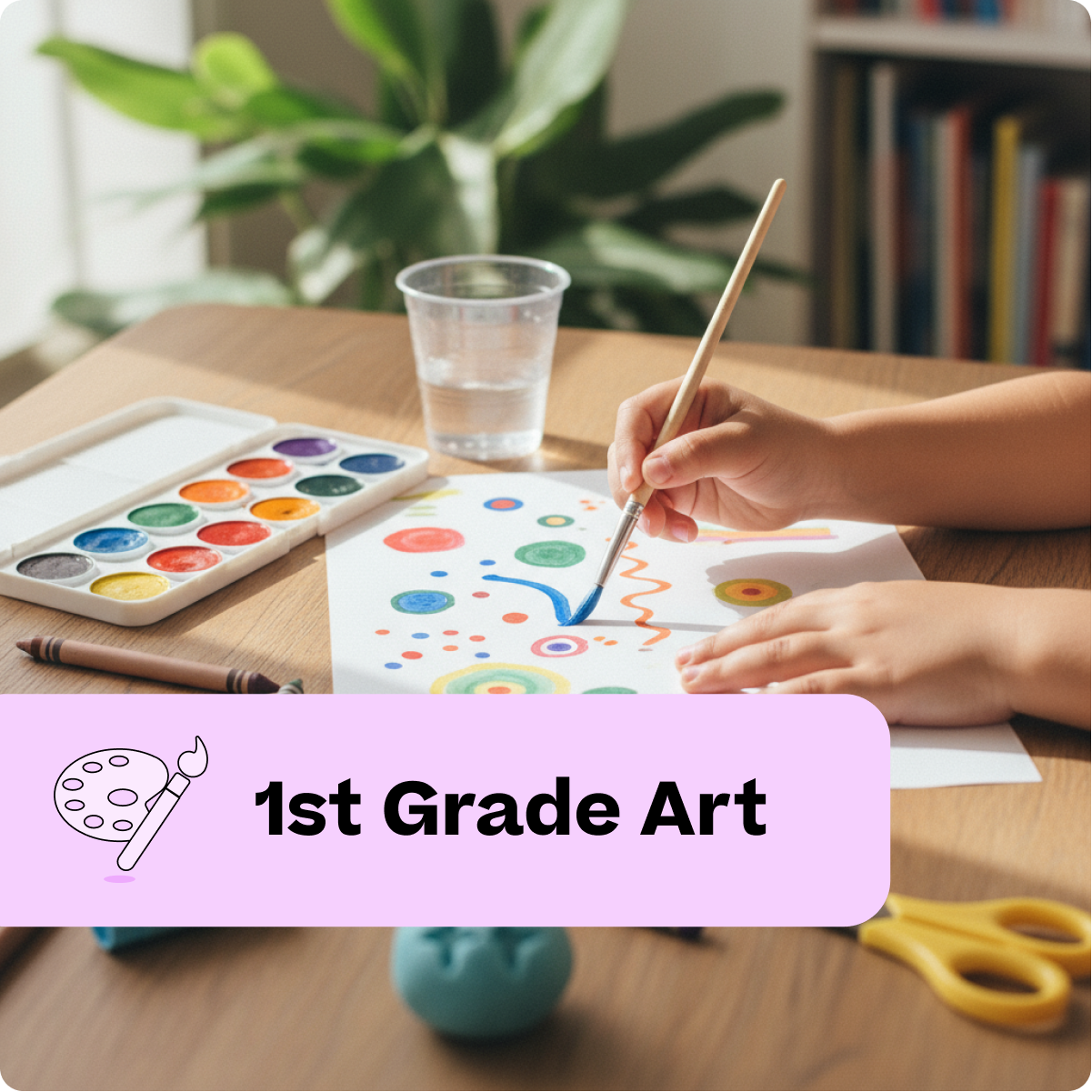 Child painting with watercolors on a piece of paper at a table with art supplies.