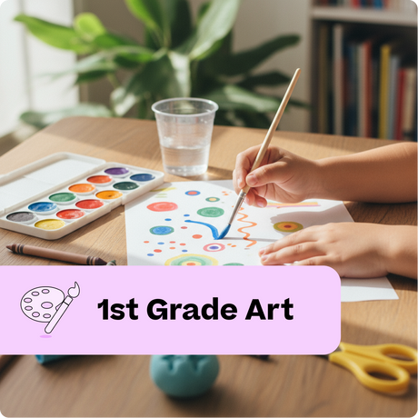 Child painting with watercolors on a piece of paper at a table with art supplies.