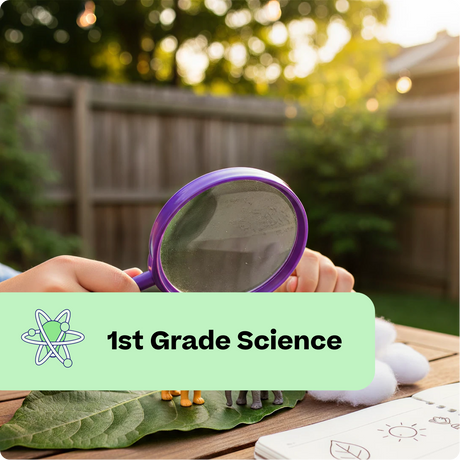 Person using a magnifying glass outdoors with a '1st Grade Science' label.