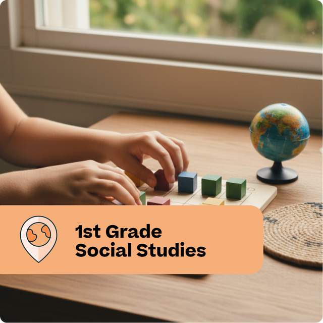 Child playing with blocks on a table with a globe in the background, labeled '1st Grade Social Studies'.