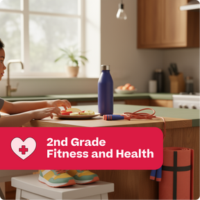 Person eating at a kitchen table with a purple water bottle and jump rope, labeled '2nd Grade Fitness and Health'.