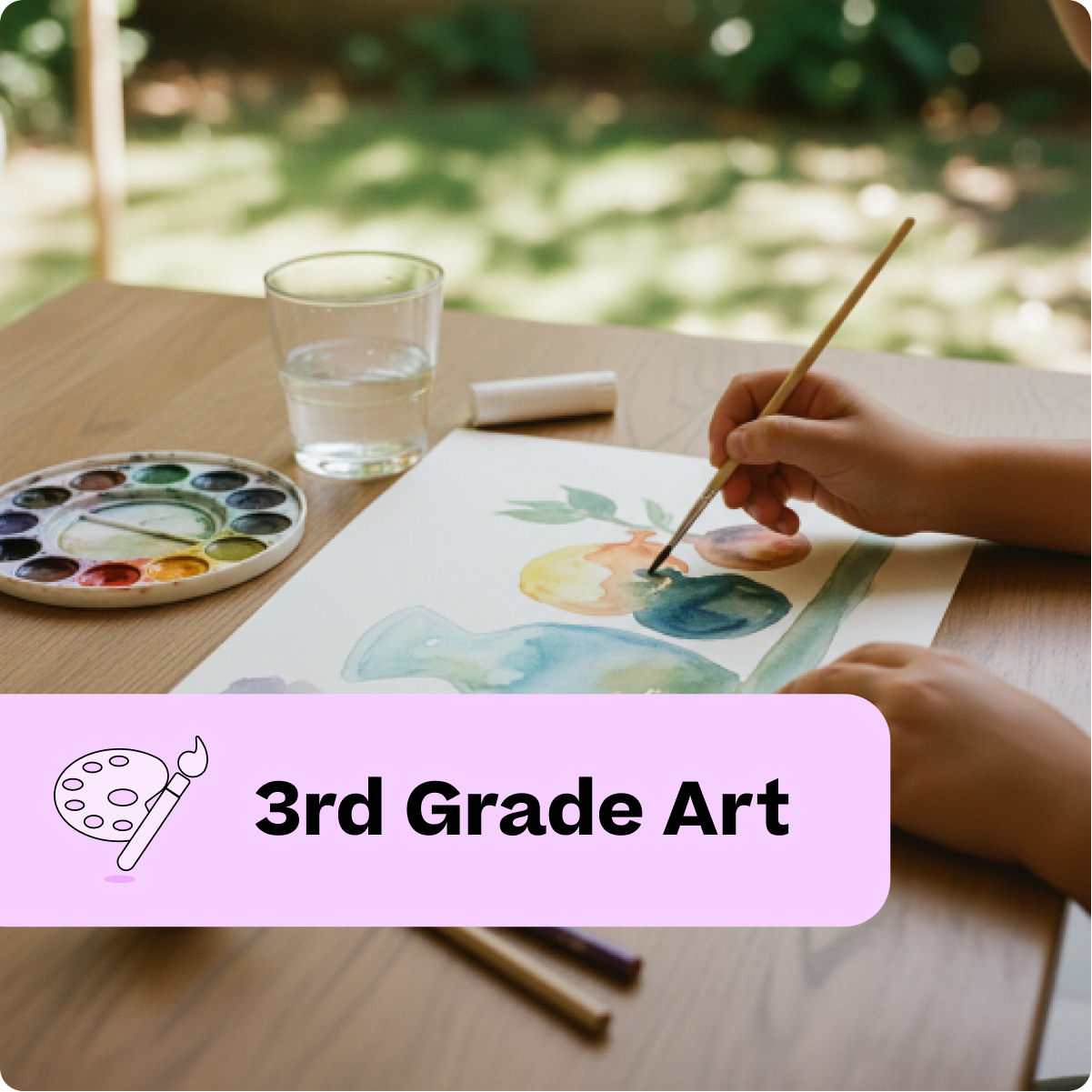 Child painting with watercolors on a table outdoors