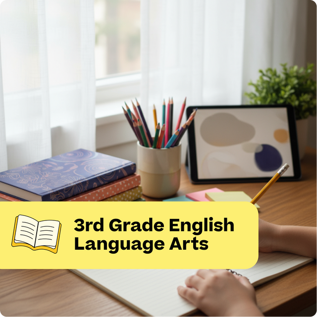 Desk with books, pencils, and a tablet with a child's hand on paper, labeled '3rd Grade English Language Arts'.