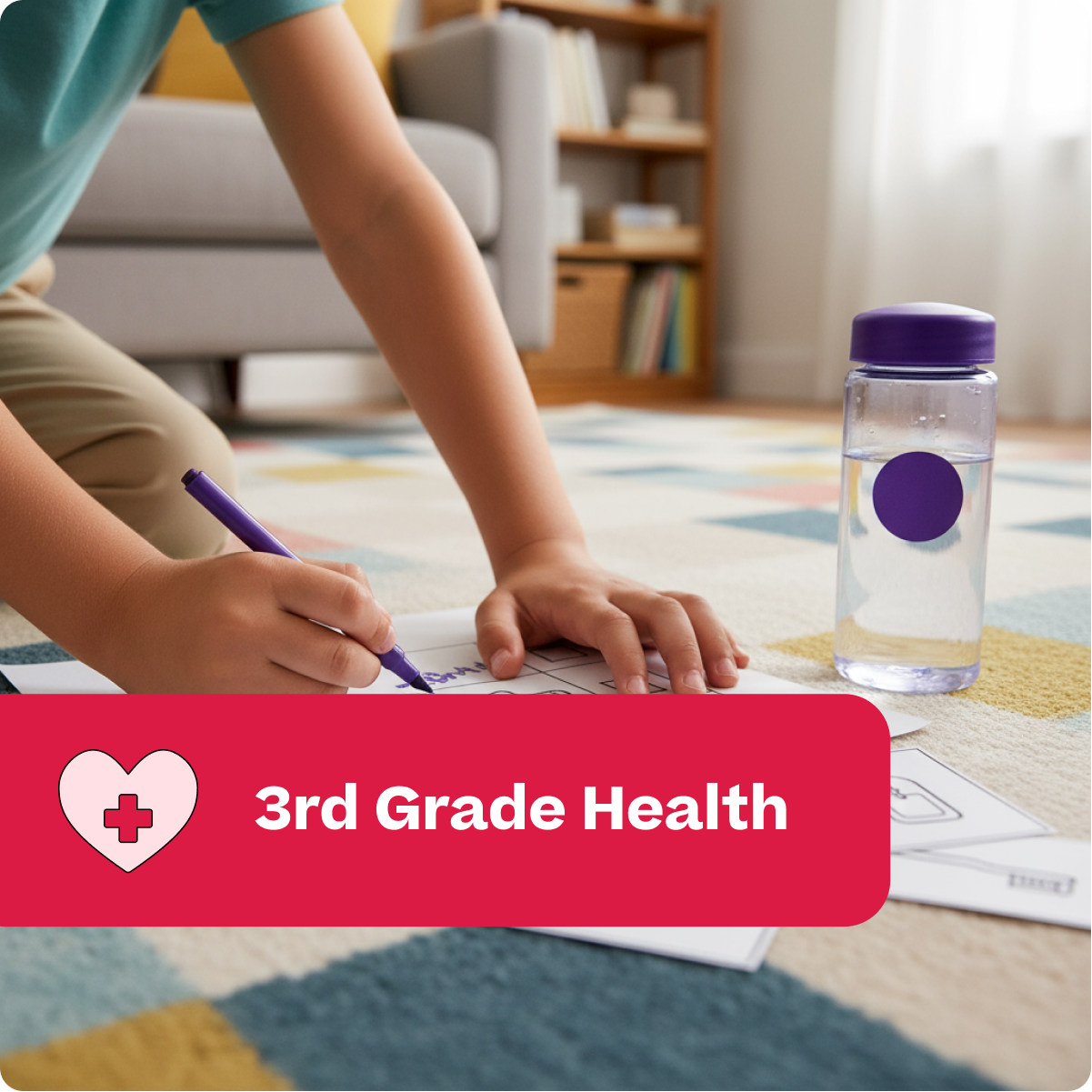 Child writing with a purple pen on a colorful rug, next to a water bottle with a purple lid, in a home setting.