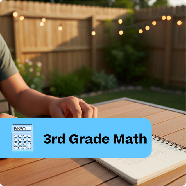 Person sitting at a table outdoors with a calculator and notebook, labeled '3rd Grade Math'.