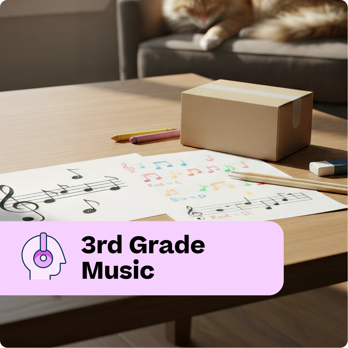 Music sheets with musical notes on a table, with a cat in the background.