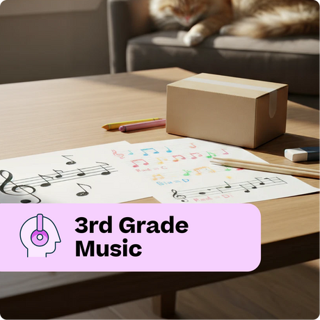 Music sheets with musical notes on a table, with a cat in the background.