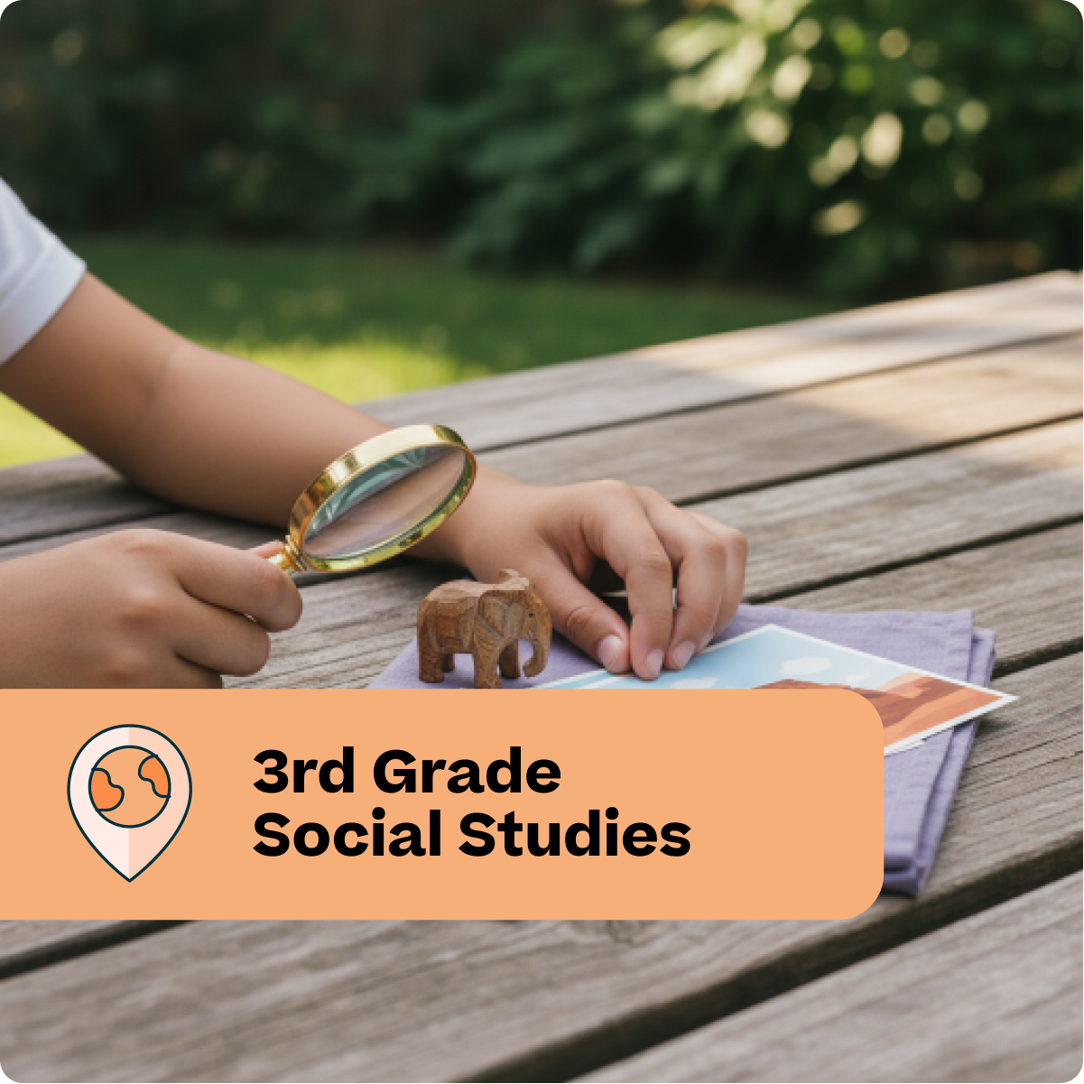 Child using a magnifying glass on a wooden table with educational materials, labeled '3rd Grade Social Studies'.