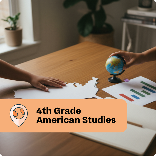 Person holding a small globe next to a map of the United States on a wooden table.