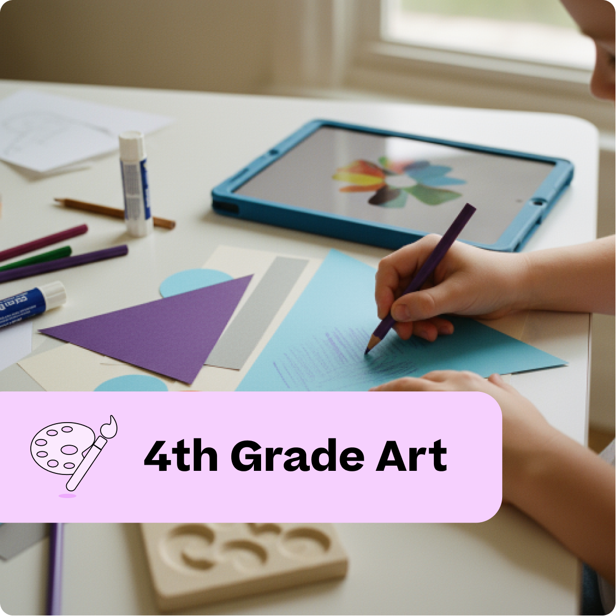 Children's art project with supplies and a tablet displaying an art project on a table.