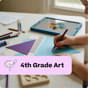 Children's art project with supplies and a tablet displaying an art project on a table.