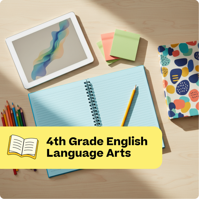 Open notebook with colorful pencils, tablet, and sticky notes on a wooden surface with '4th Grade English Language Arts' text overlay.