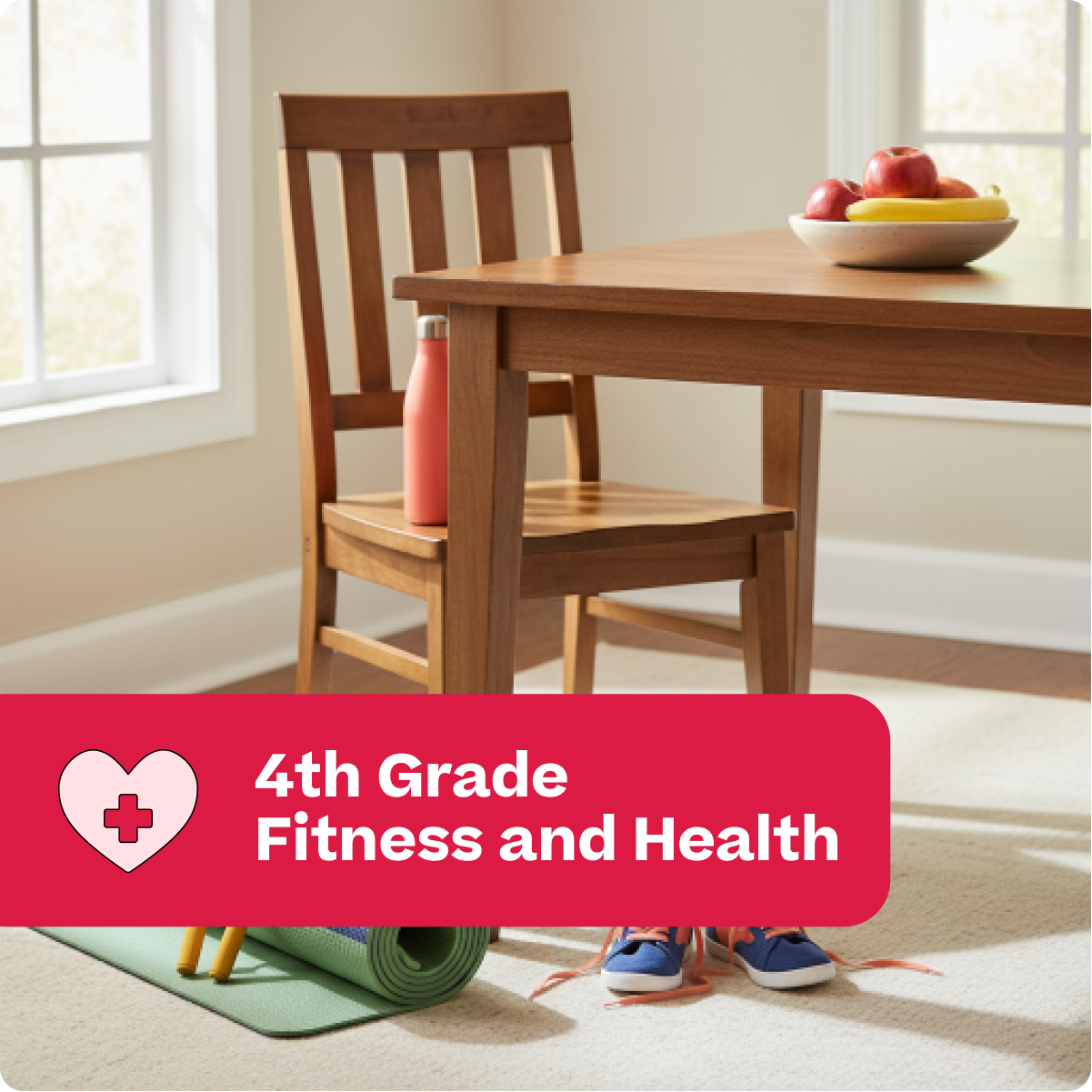 Dining room with wooden table and chairs, pink water bottle, and green yoga mat on a rug.