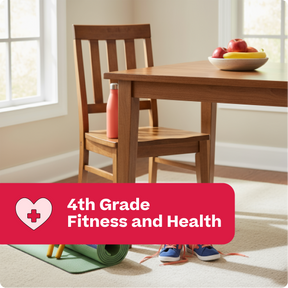 Dining room with wooden table and chairs, pink water bottle, and green yoga mat on a rug.