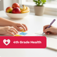 Two people working on a health project with a red banner displaying '4th Grade Health'.