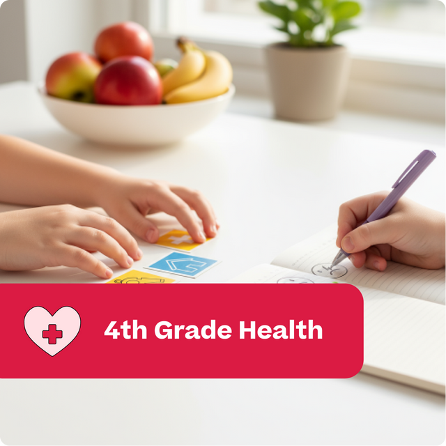 Two people working on a health project with a red banner displaying '4th Grade Health'.