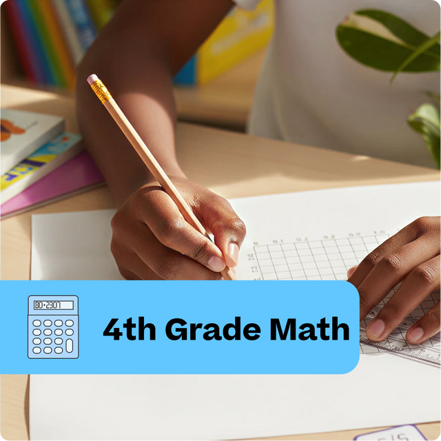 Person working on math problems with a calculator and books in the background, labeled '4th Grade Math'.
