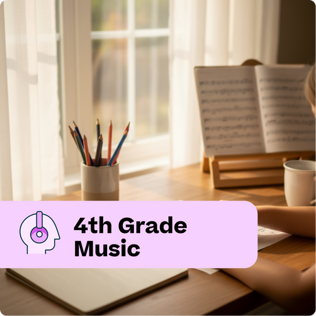 Person studying music with sheet music and pencils on a desk, labeled '4th Grade Music'.